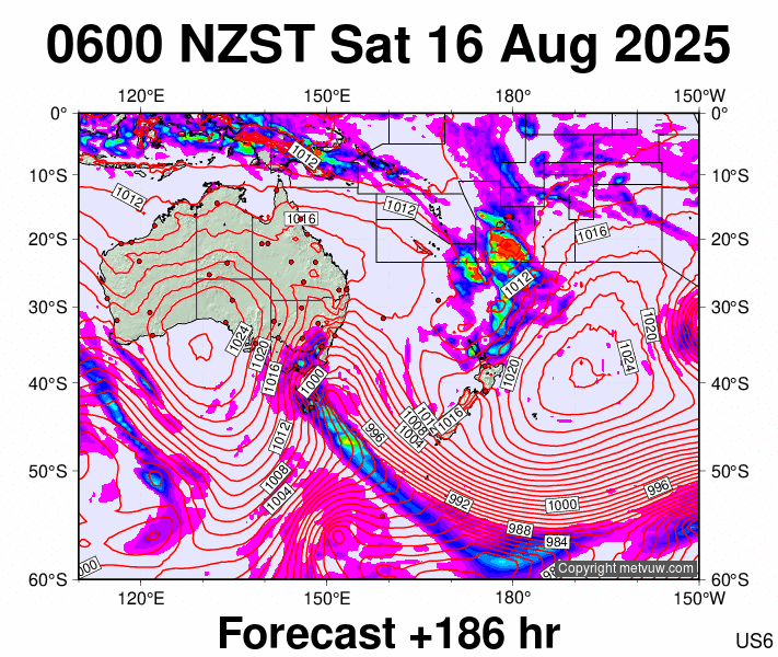 South West Pacific forecast chart for Friday, August 15th, 2025 at 6:00 PM
