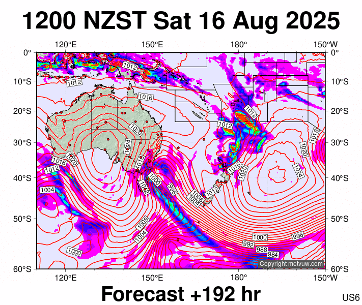 South West Pacific forecast chart for Saturday, August 16th, 2025 at 12:00 AM