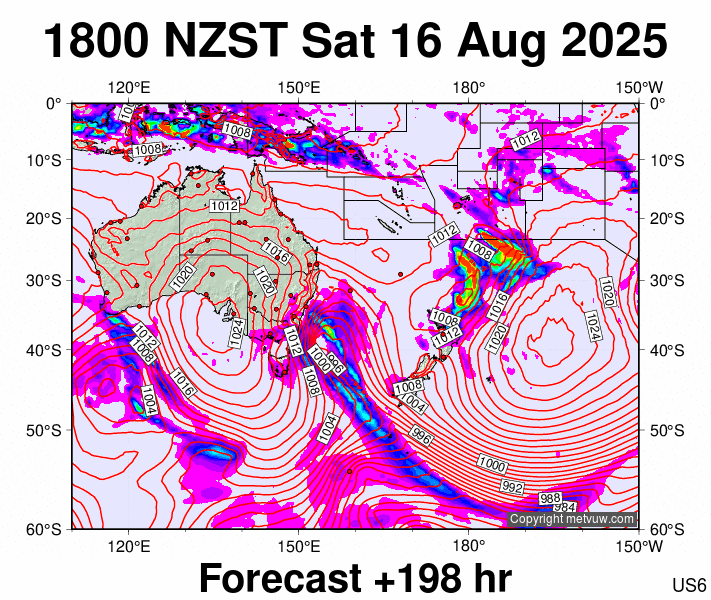 South West Pacific forecast chart for Saturday, August 16th, 2025 at 6:00 AM