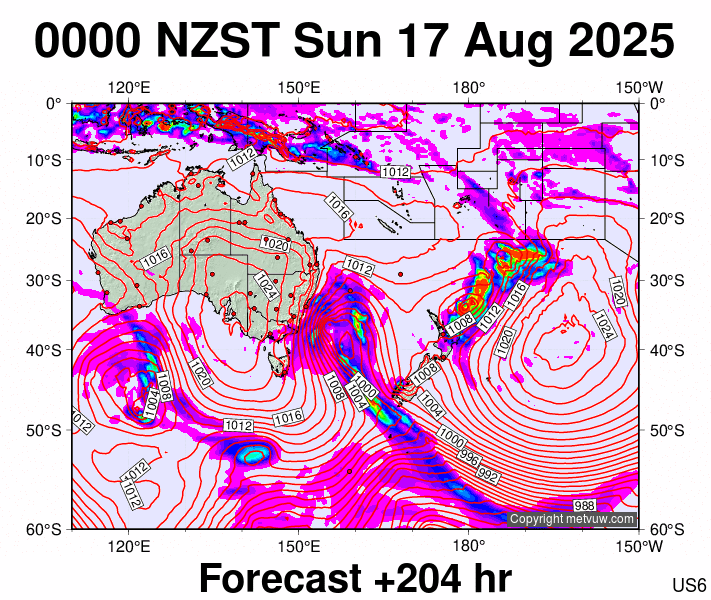 South West Pacific forecast chart for Saturday, August 16th, 2025 at 12:00 PM