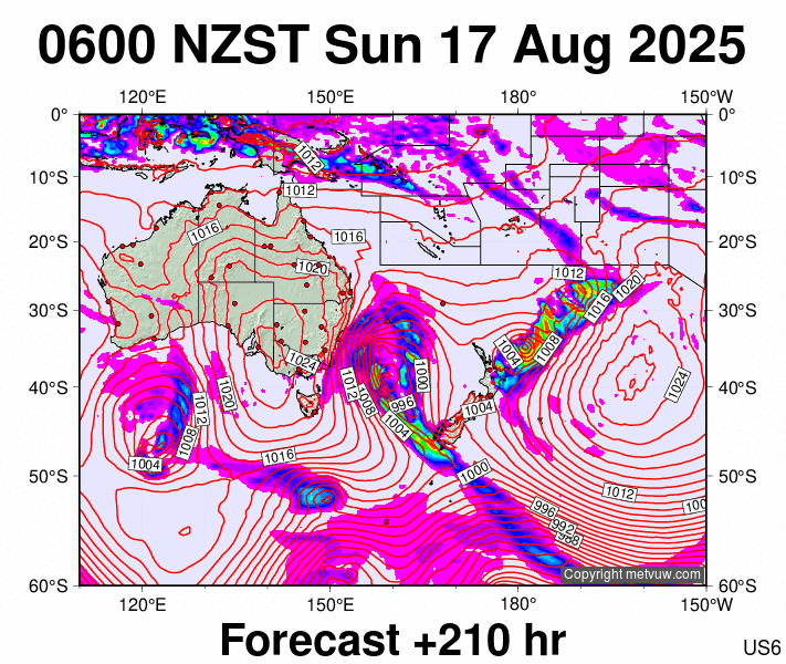 South West Pacific forecast chart for Saturday, August 16th, 2025 at 6:00 PM