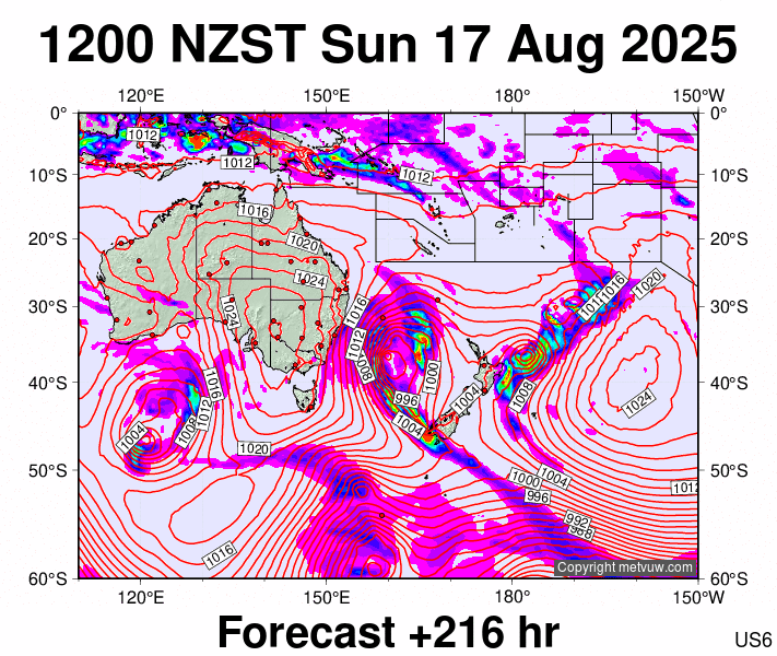 South West Pacific forecast chart for Sunday, August 17th, 2025 at 12:00 AM