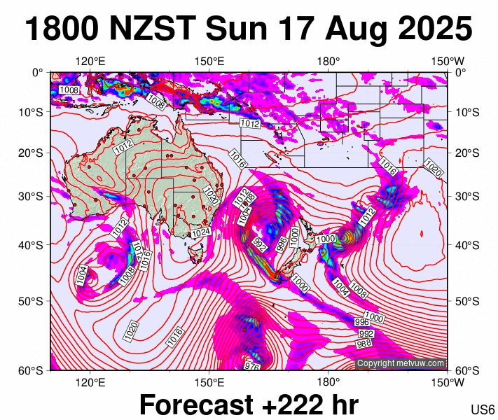 South West Pacific forecast chart for Sunday, August 17th, 2025 at 6:00 AM