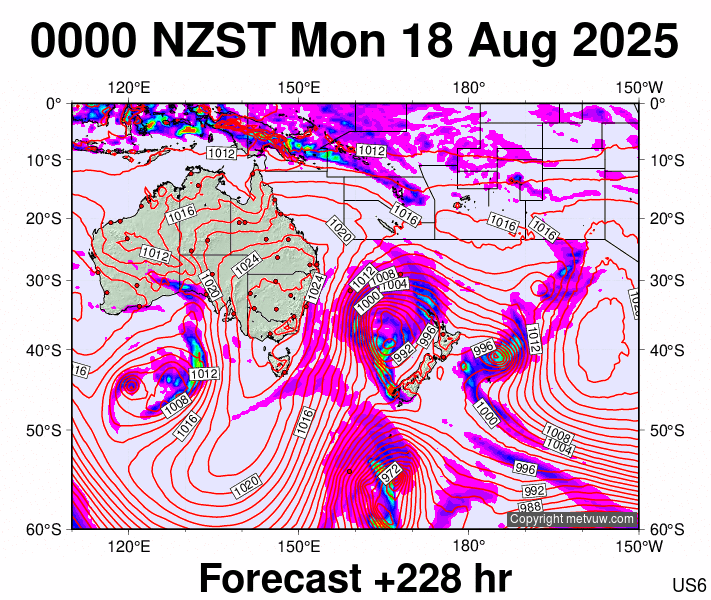 South West Pacific forecast chart for Sunday, August 17th, 2025 at 12:00 PM