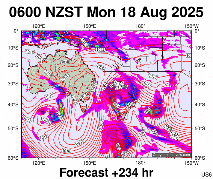 South West Pacific forecast chart for Sunday, August 17th, 2025 at 6:00 PM