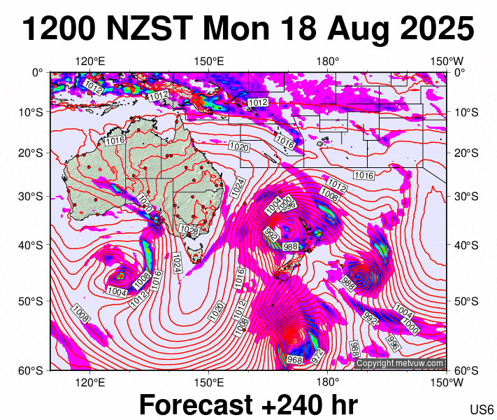 South West Pacific forecast chart for Monday, August 18th, 2025 at 12:00 AM