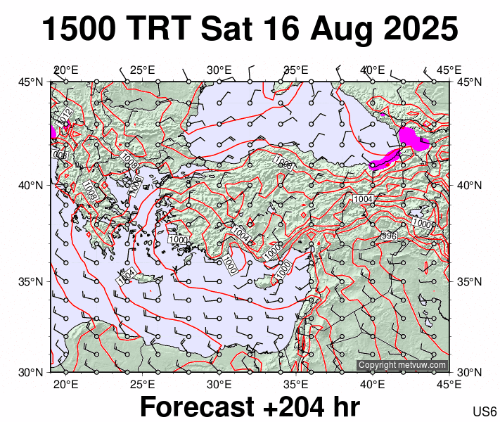 Turkey forecast chart for Saturday, August 16th, 2025 at 12:00 PM