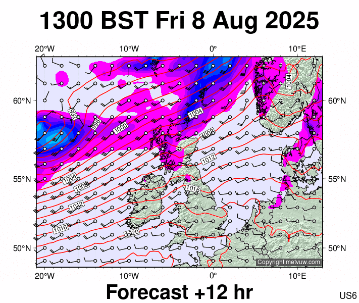 United Kingdom forecast chart for Friday, August 8th, 2025 at 12:00 PM