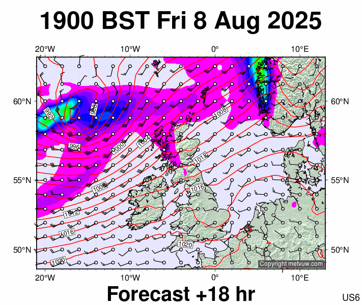 United Kingdom forecast chart for Friday, August 8th, 2025 at 6:00 PM