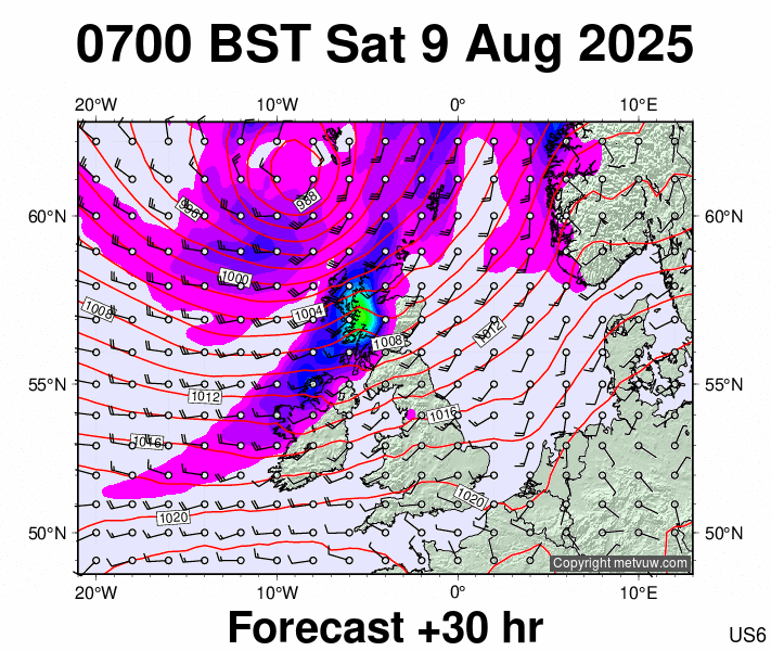 United Kingdom forecast chart for Saturday, August 9th, 2025 at 6:00 AM