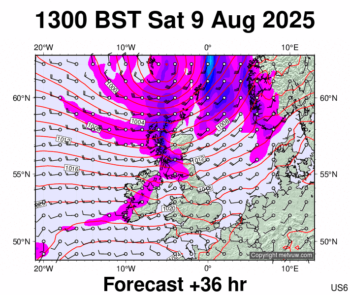 United Kingdom forecast chart for Saturday, August 9th, 2025 at 12:00 PM