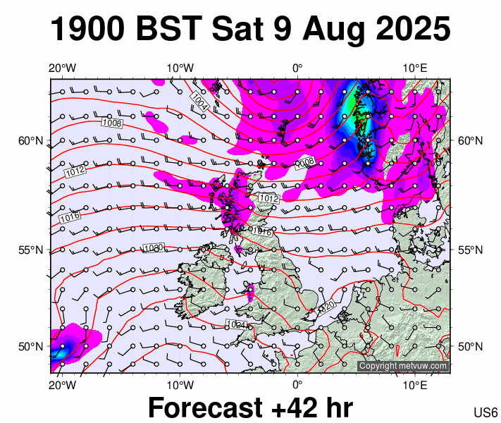 United Kingdom forecast chart for Saturday, August 9th, 2025 at 6:00 PM