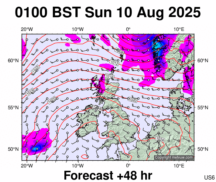 United Kingdom forecast chart for Sunday, August 10th, 2025 at 12:00 AM
