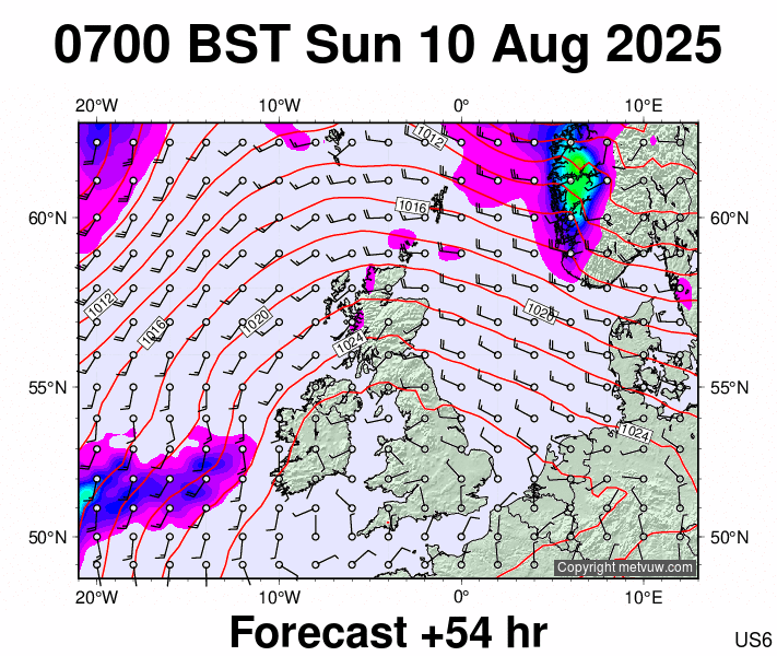 United Kingdom forecast chart for Sunday, August 10th, 2025 at 6:00 AM