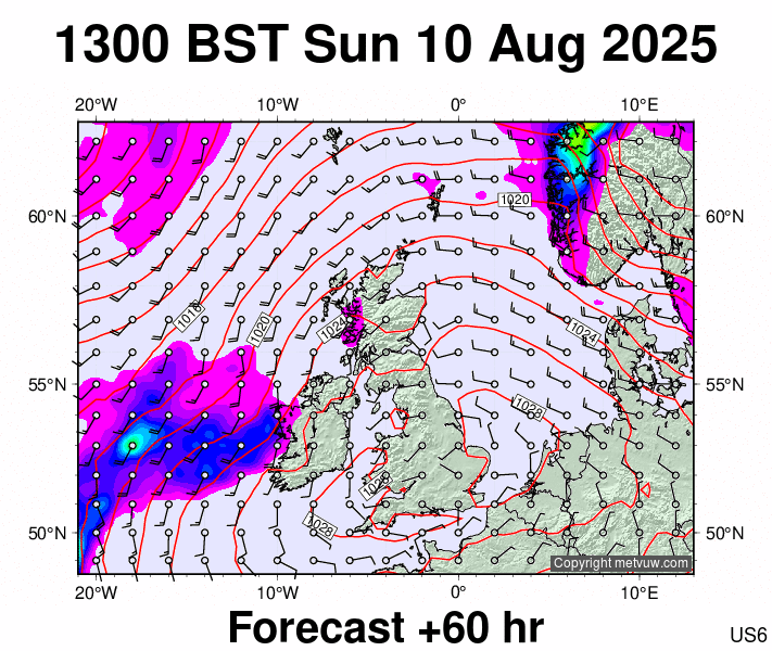 United Kingdom forecast chart for Sunday, August 10th, 2025 at 12:00 PM