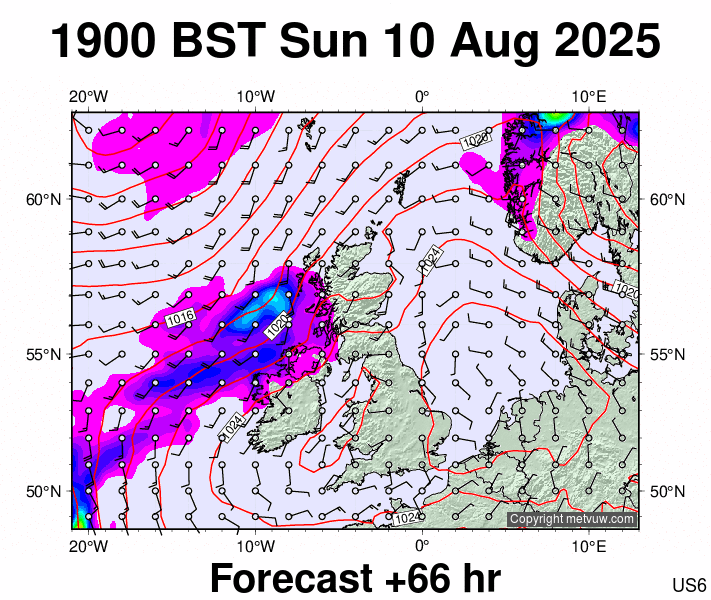 United Kingdom forecast chart for Sunday, August 10th, 2025 at 6:00 PM
