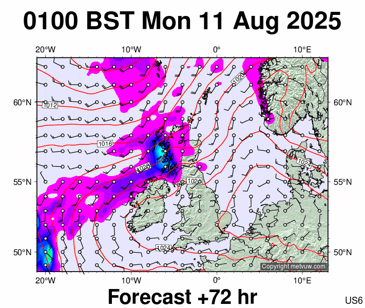 United Kingdom forecast chart for Monday, August 11th, 2025 at 12:00 AM