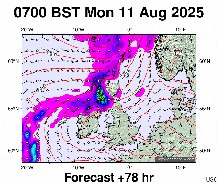 United Kingdom forecast chart for Monday, August 11th, 2025 at 6:00 AM