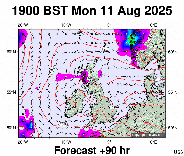 United Kingdom forecast chart for Monday, August 11th, 2025 at 6:00 PM