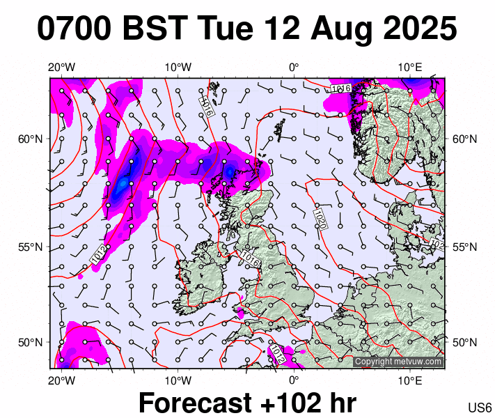 United Kingdom forecast chart for Tuesday, August 12th, 2025 at 6:00 AM