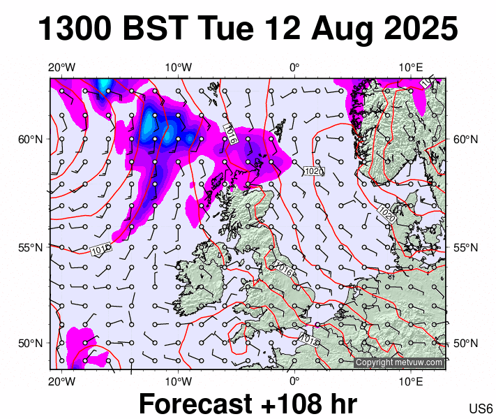 United Kingdom forecast chart for Tuesday, August 12th, 2025 at 12:00 PM