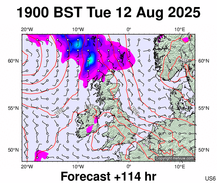 United Kingdom forecast chart for Tuesday, August 12th, 2025 at 6:00 PM