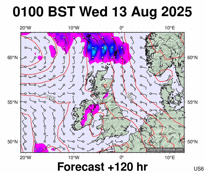 United Kingdom forecast chart for Wednesday, August 13th, 2025 at 12:00 AM