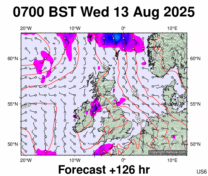 United Kingdom forecast chart for Wednesday, August 13th, 2025 at 6:00 AM
