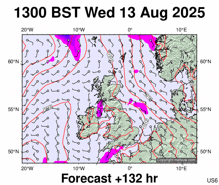 United Kingdom forecast chart for Wednesday, August 13th, 2025 at 12:00 PM