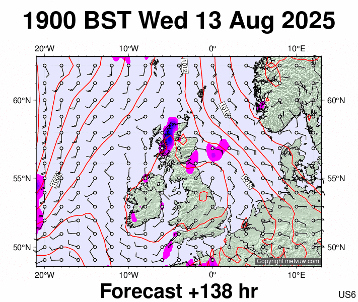 United Kingdom forecast chart for Wednesday, August 13th, 2025 at 6:00 PM