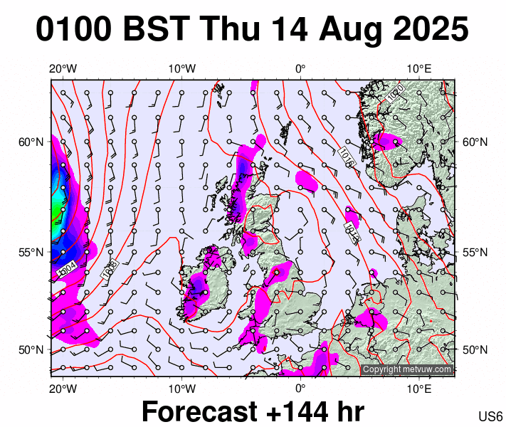 United Kingdom forecast chart for Thursday, August 14th, 2025 at 12:00 AM