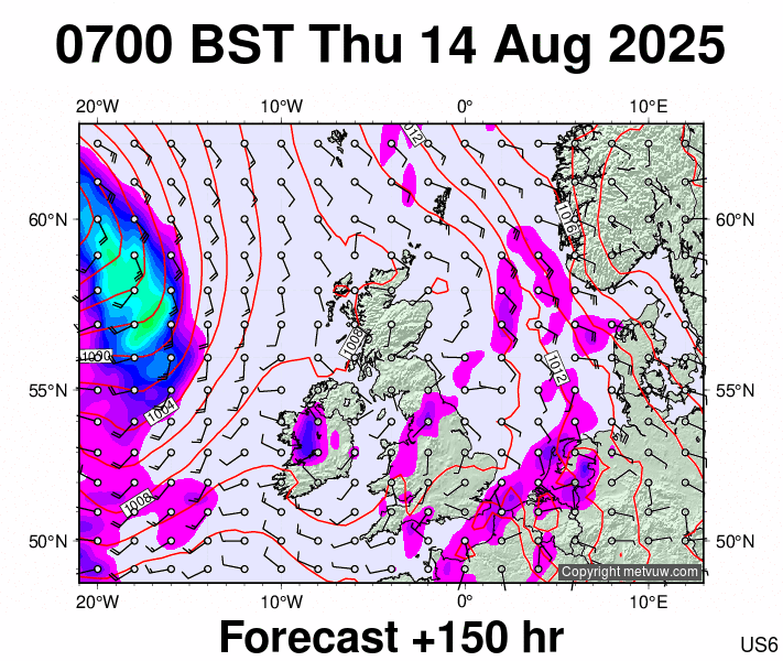 United Kingdom forecast chart for Thursday, August 14th, 2025 at 6:00 AM