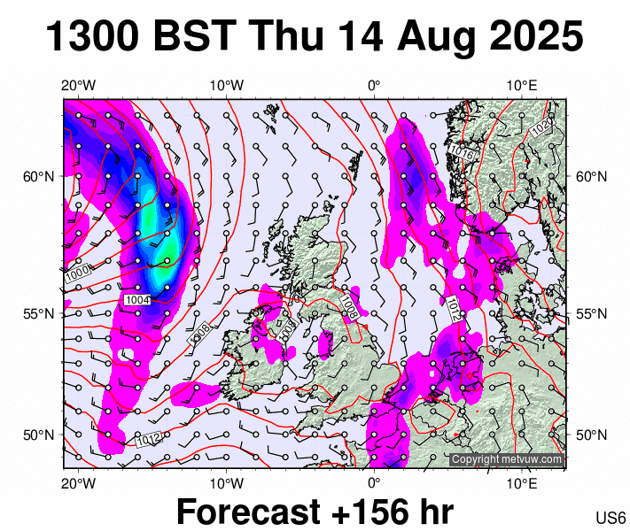 United Kingdom forecast chart for Thursday, August 14th, 2025 at 12:00 PM