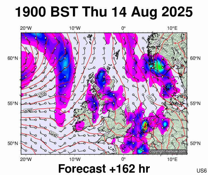 United Kingdom forecast chart for Thursday, August 14th, 2025 at 6:00 PM