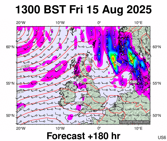 United Kingdom forecast chart for Friday, August 15th, 2025 at 12:00 PM