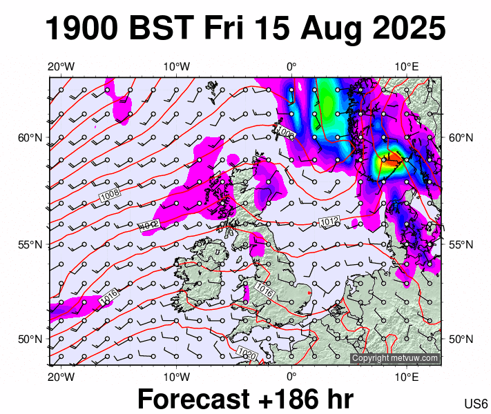 United Kingdom forecast chart for Friday, August 15th, 2025 at 6:00 PM