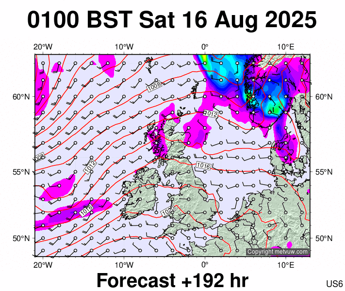 United Kingdom forecast chart for Saturday, August 16th, 2025 at 12:00 AM