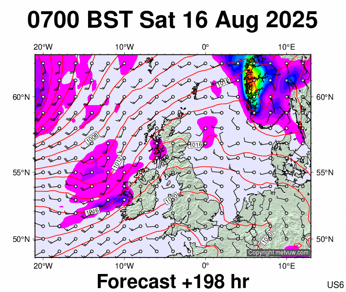 United Kingdom forecast chart for Saturday, August 16th, 2025 at 6:00 AM