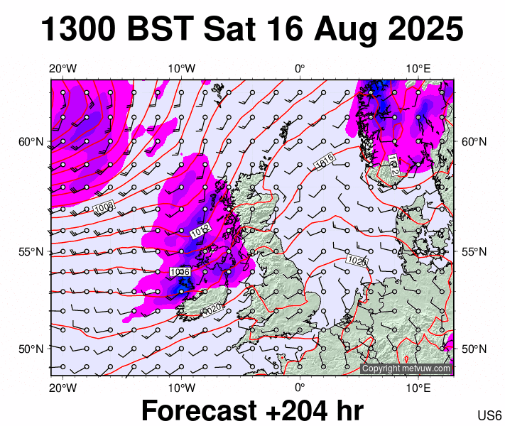 United Kingdom forecast chart for Saturday, August 16th, 2025 at 12:00 PM