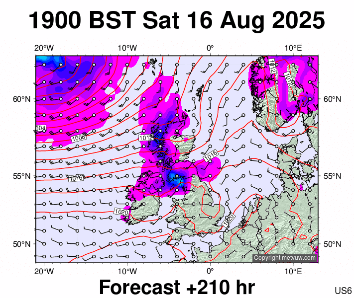 United Kingdom forecast chart for Saturday, August 16th, 2025 at 6:00 PM