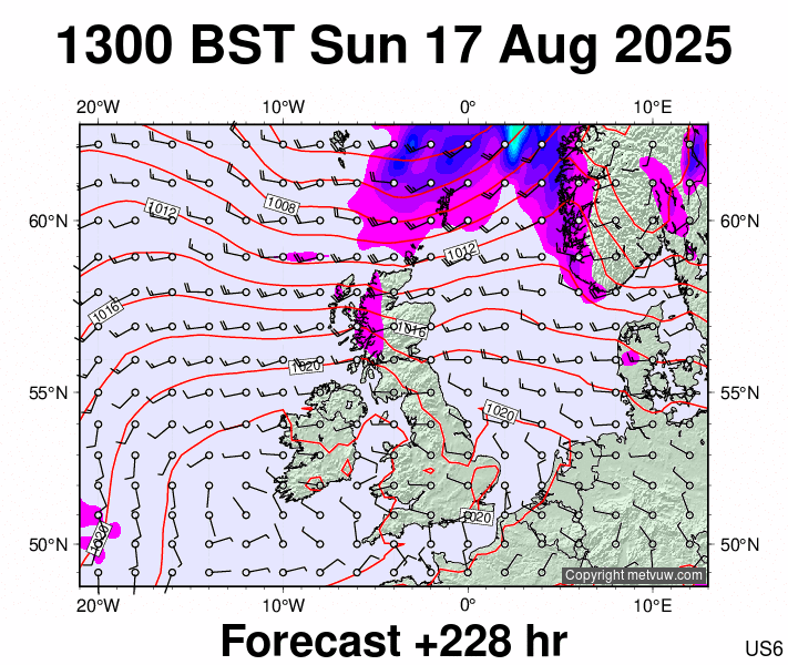United Kingdom forecast chart for Sunday, August 17th, 2025 at 12:00 PM