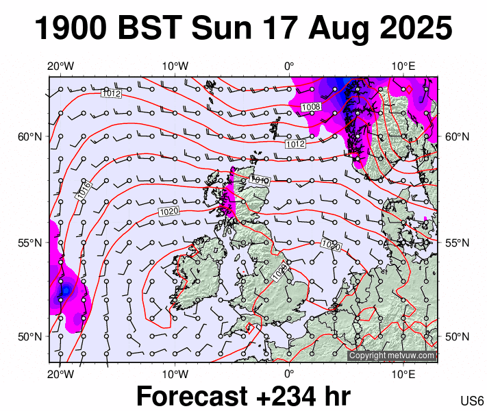 United Kingdom forecast chart for Sunday, August 17th, 2025 at 6:00 PM