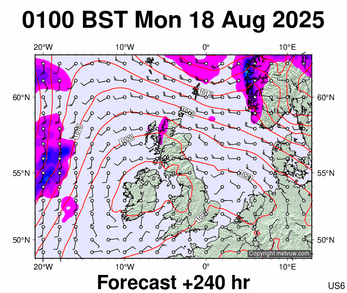 United Kingdom forecast chart for Monday, August 18th, 2025 at 12:00 AM