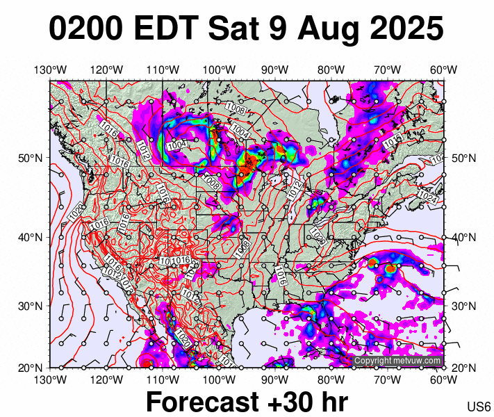 USA forecast chart for Saturday, August 9th, 2025 at 6:00 AM