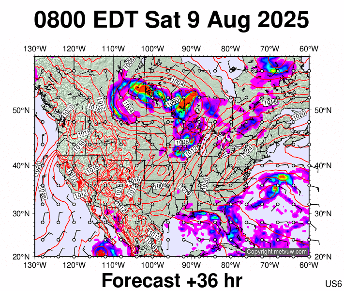 USA forecast chart for Saturday, August 9th, 2025 at 12:00 PM