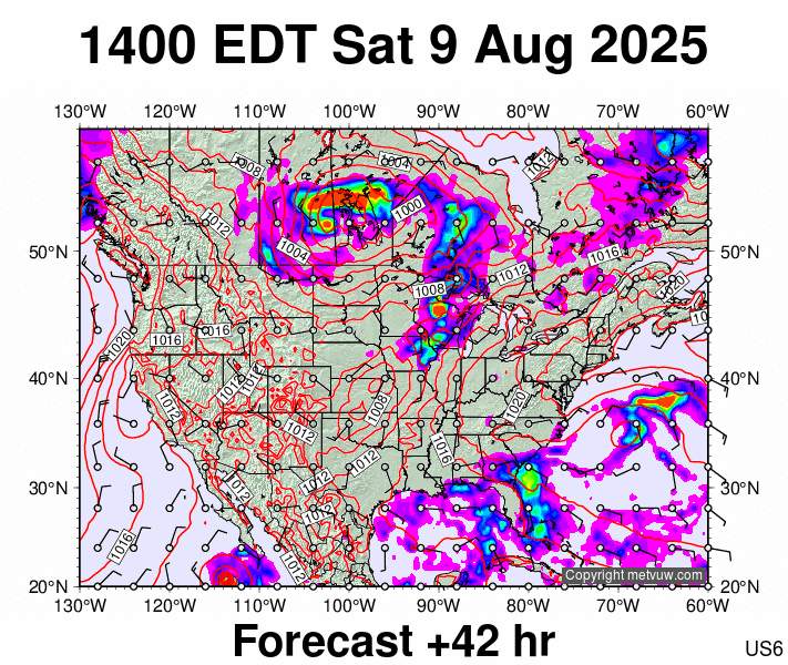 USA forecast chart for Saturday, August 9th, 2025 at 6:00 PM