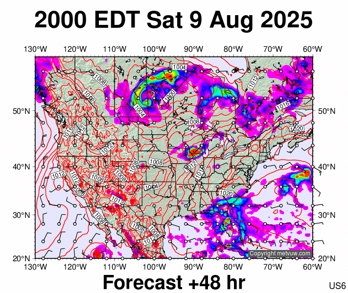 USA forecast chart for Sunday, August 10th, 2025 at 12:00 AM