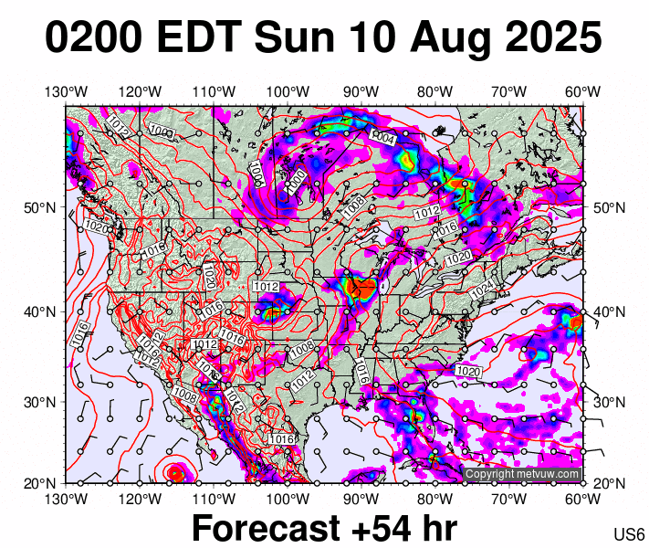 USA forecast chart for Sunday, August 10th, 2025 at 6:00 AM