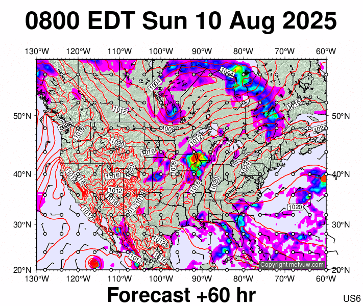USA forecast chart for Sunday, August 10th, 2025 at 12:00 PM