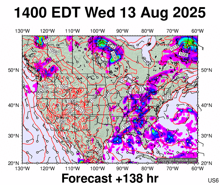 USA forecast chart for Wednesday, August 13th, 2025 at 6:00 PM